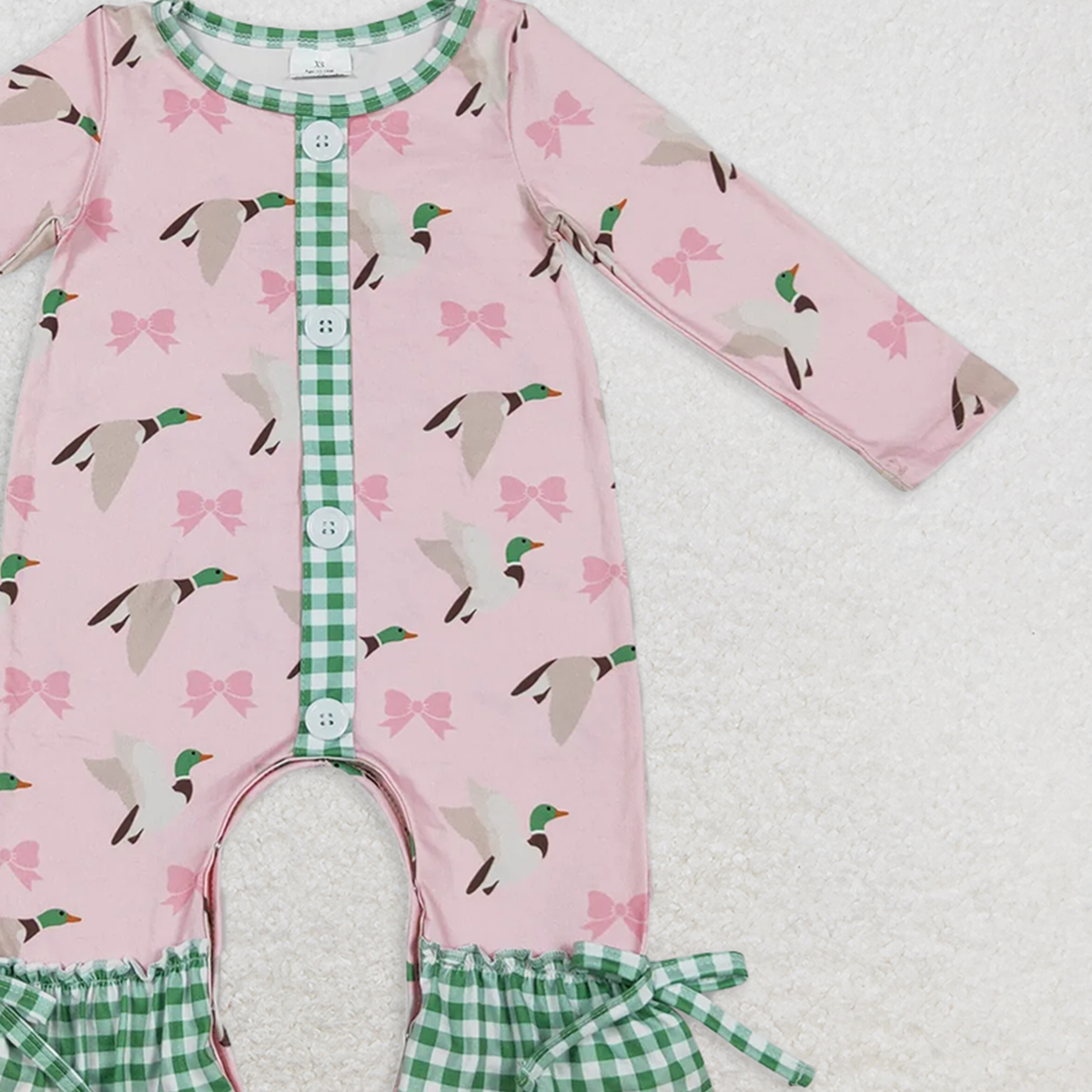 LR1689RTS NO MOQ Baby Girls Winter Rompers Green plaid ruffle duck bow baby girls romper