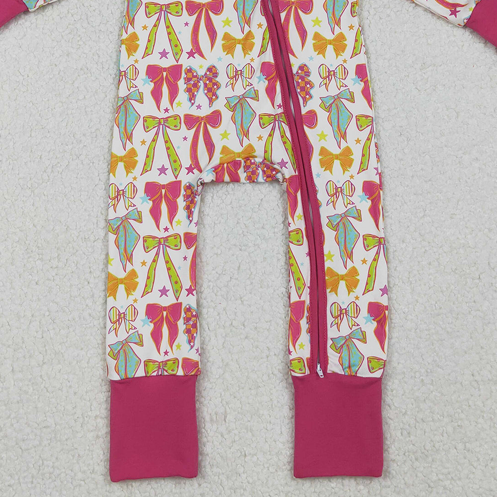 RTS NO MOQ （In stock） LR2468 Baby Girls Winter Rompers Long Sleeves Colorful Bows Stars Zipper Pant Rompers