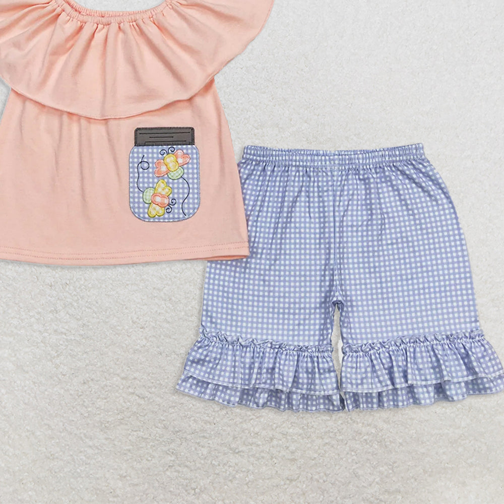 GSSO0682RTS NO MOQ Baby Girls Summer Outfits  Embroidered bee pink and orange lace top and blue plaid shorts set