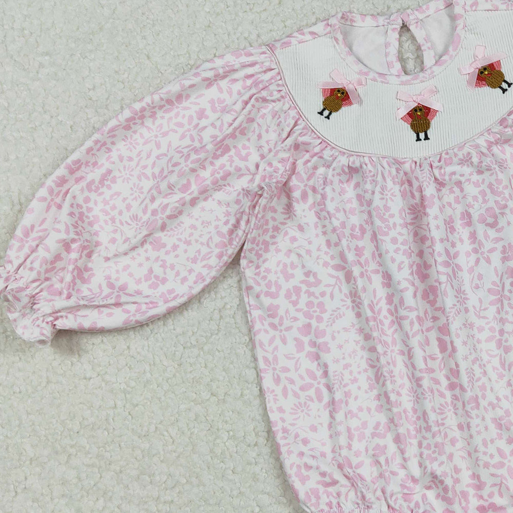 RTS NO MOQ （In stock）LR2184 Baby Girls Winter Rompers Pink Flowers Smocked Rompers Thanksgiving Turkey Outfit