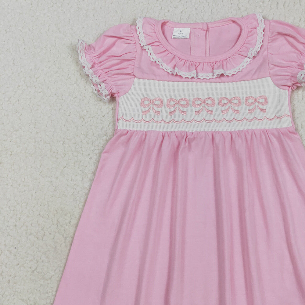 8.22 RTS NO MOQ （In stock）GSD2718Baby Girls Summer Dress Baby Girls Ruffle Sleeves Embroidery Bows Knee Length Dresses