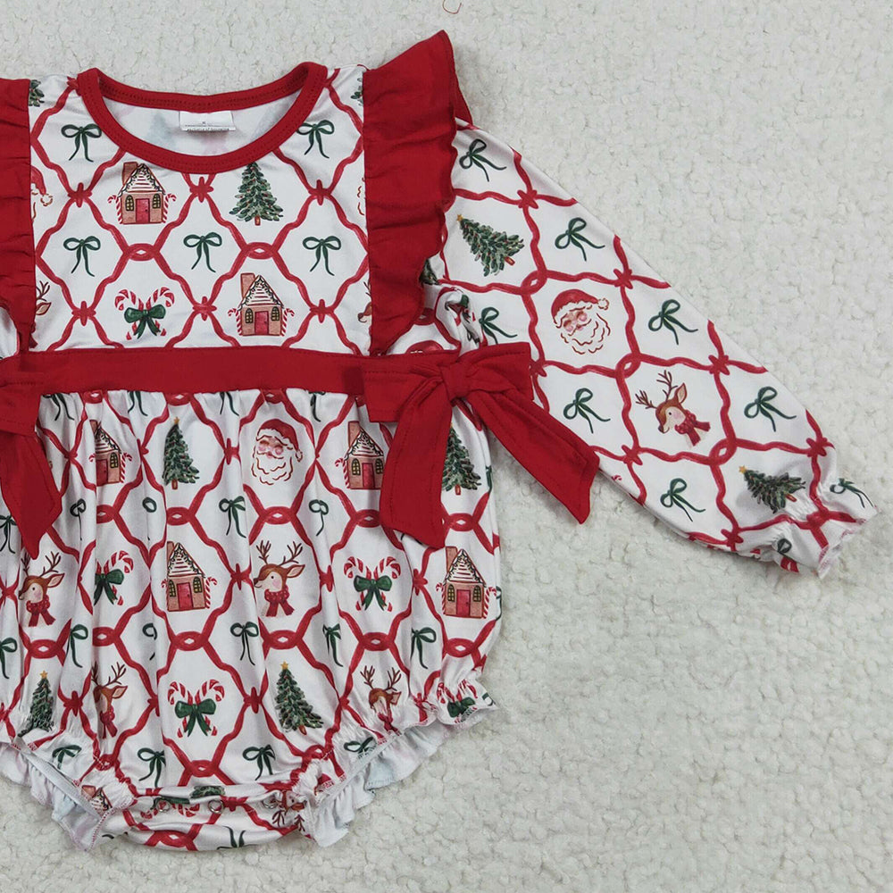 RTS NO MOQ （In stock）LR2352 Baby Girls Winter Rompers Baby Girls Christmas Trees Bows Ruffle Rompers