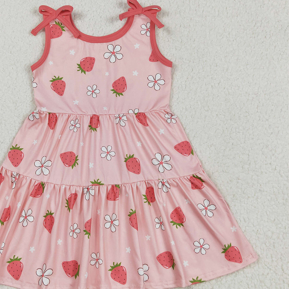 GSD2159RTS NO MOQ Baby Girls Summer Dress Strawberry Floral Patchwork Dress Sleeveless for Baby Girls Cute Print Summer Casual Wear for Little Girls