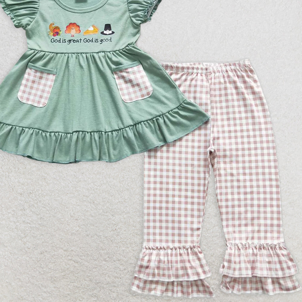 GSPO0827 RTS NO MOQ Baby Girls Spring Outfits god is great offset turkey pocket green short sleeve plaid trousers suit