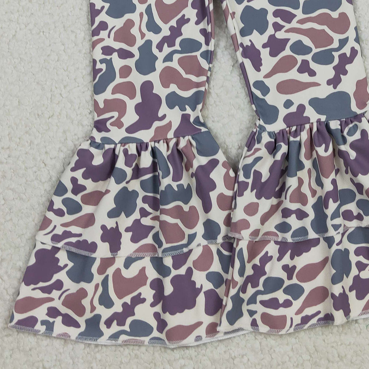 12.3 RTS NO MOQ （In stock）P0891 Baby Girls Lavender Camo Yoga Active Ruffle Bell Bottom Pants