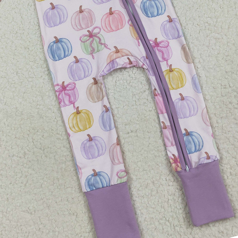 8.21 RTS NO MOQ （In stock）LR2442 Baby Girls Winter Rompers Baby Girls Colorful Bows Pumpkins Fall Zipper Footie Rompers