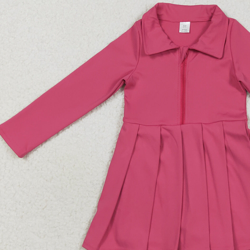 RTS NO MOQ （In stock）GLD1146 Baby Girls Yoga Dress Baby Girls Hotpink Long Sleeves Zipper Yoga Pleated Knee Length Dresses