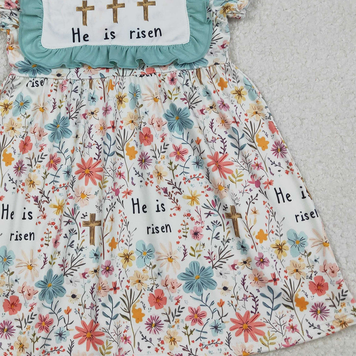 1.16 RTS NO MOQ （In stock）GSD3504 Baby Girls Crosses He is Risen Flowers Easter Knee Length Dresses
