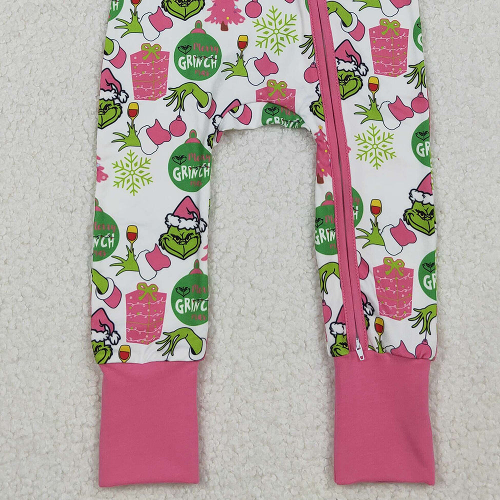 RTS NO MOQ （In stock）LR2588 Baby Girls Winter Rompers Green Face Gifts Christmas Zipper Footie Rompers
