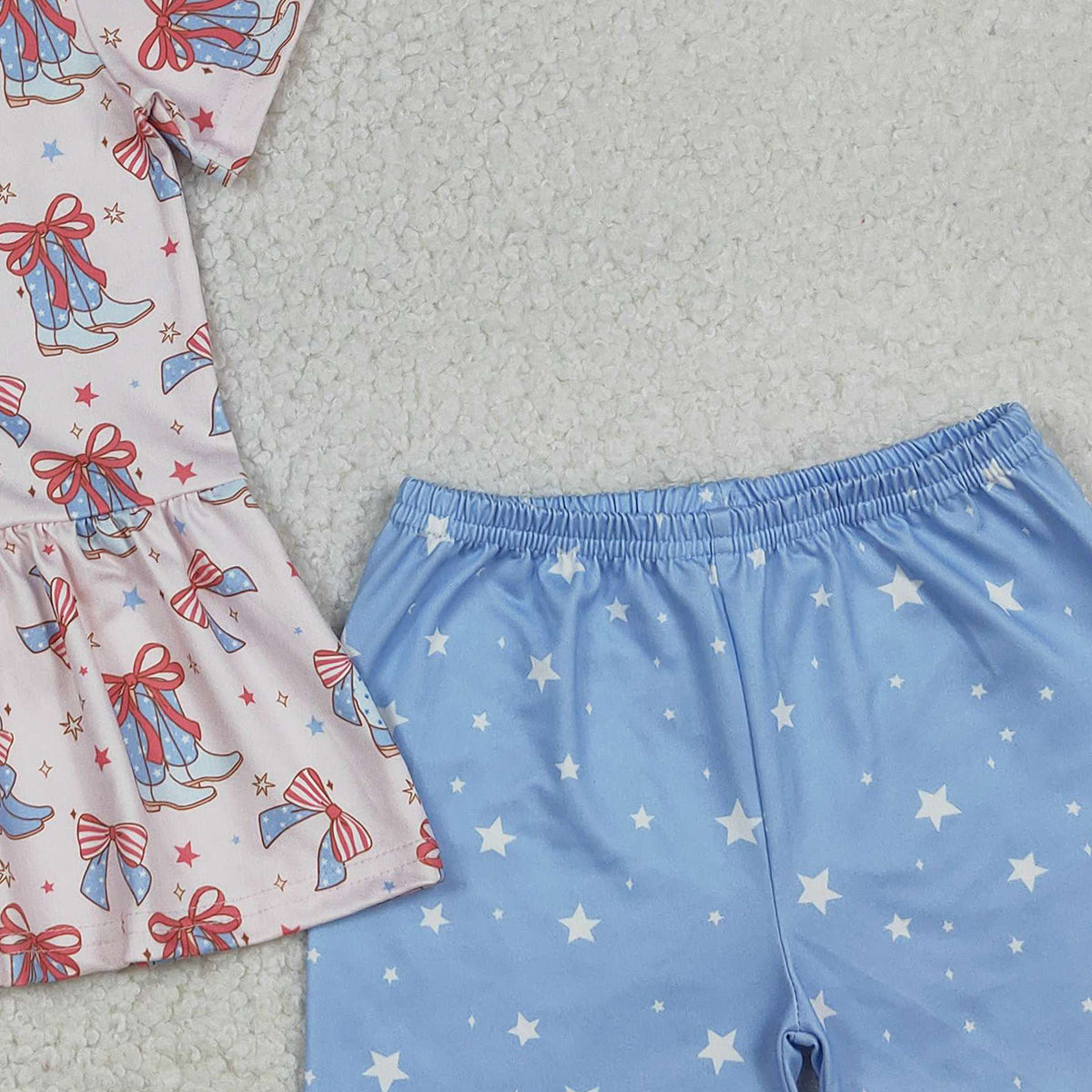 12.12 RTS NO MOQ （In stock）GSSO2837 Baby Girls Bows Boots Stars Tunic Shorts Western July 4th Clothes Sets
