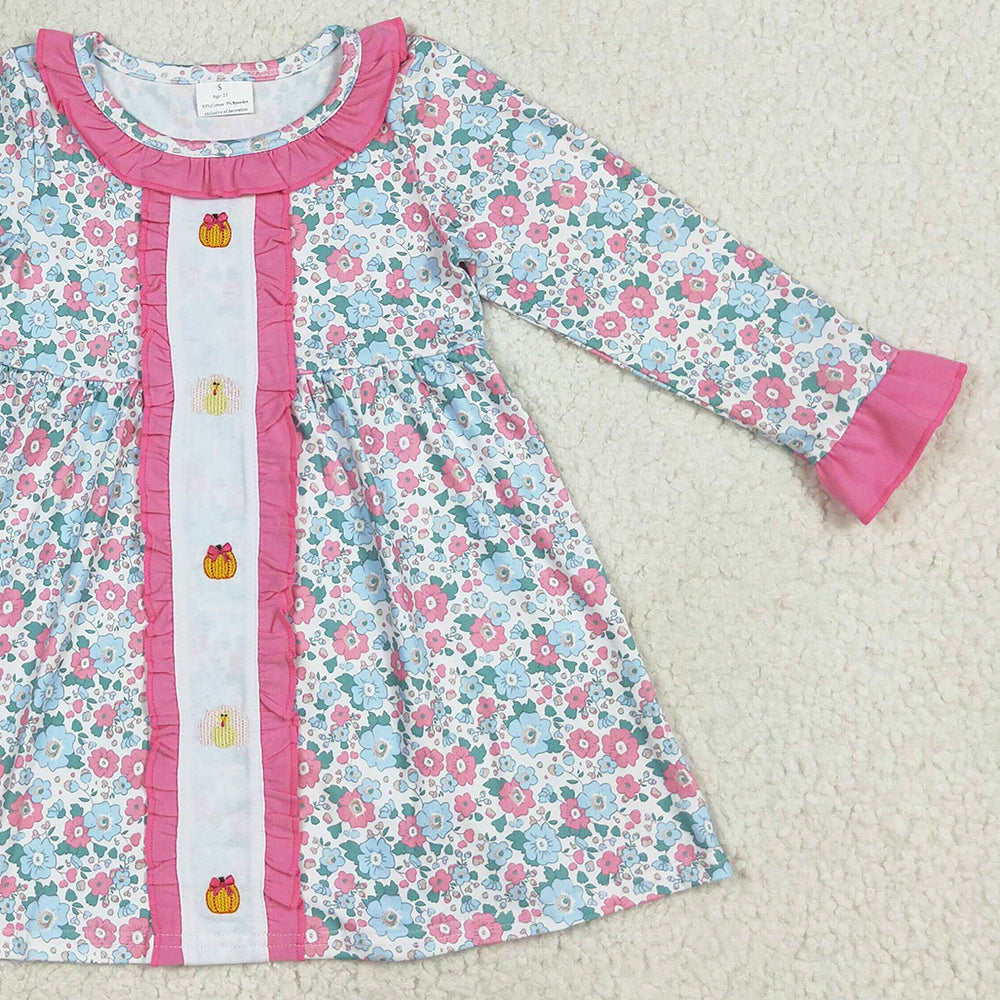 7.10 GLD1053 RTS NO MOQ Baby Girls Dress Embroidery Baby Girls Long Ruffle Sleeves Floral Turkey Pumpkins Knee Length Dresses