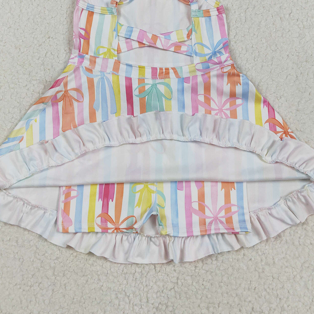 6.18 GSD2288RTS NO MOQ Baby Girls Summer Yoga Dress Baby Girls Strap Colorful Bows Stripe Yoga Ruffle Knee Length Dresses