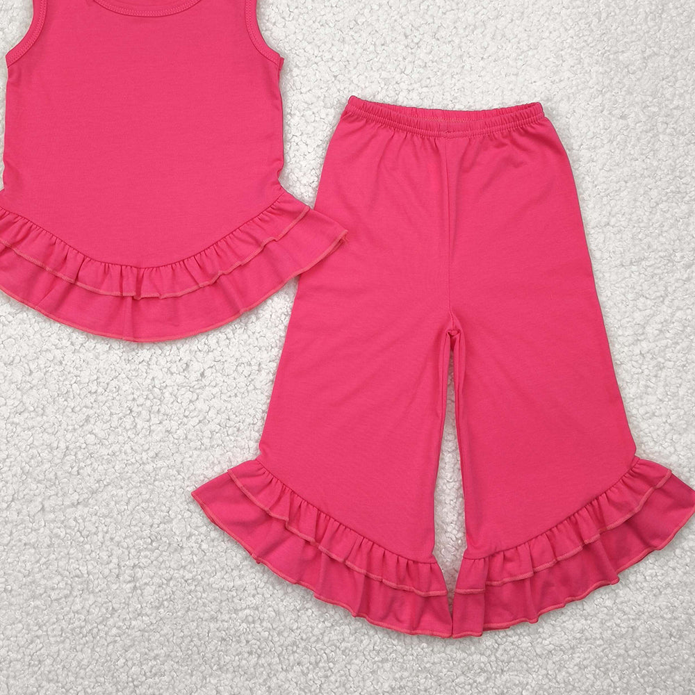 GSPO2009RTS NO MOQ Baby Girls Spring Outfits Kids Girls Hot Pink Sleeveless Ruffle Top Pants Set - Elegant Casual Outfit for Young Fashionistas