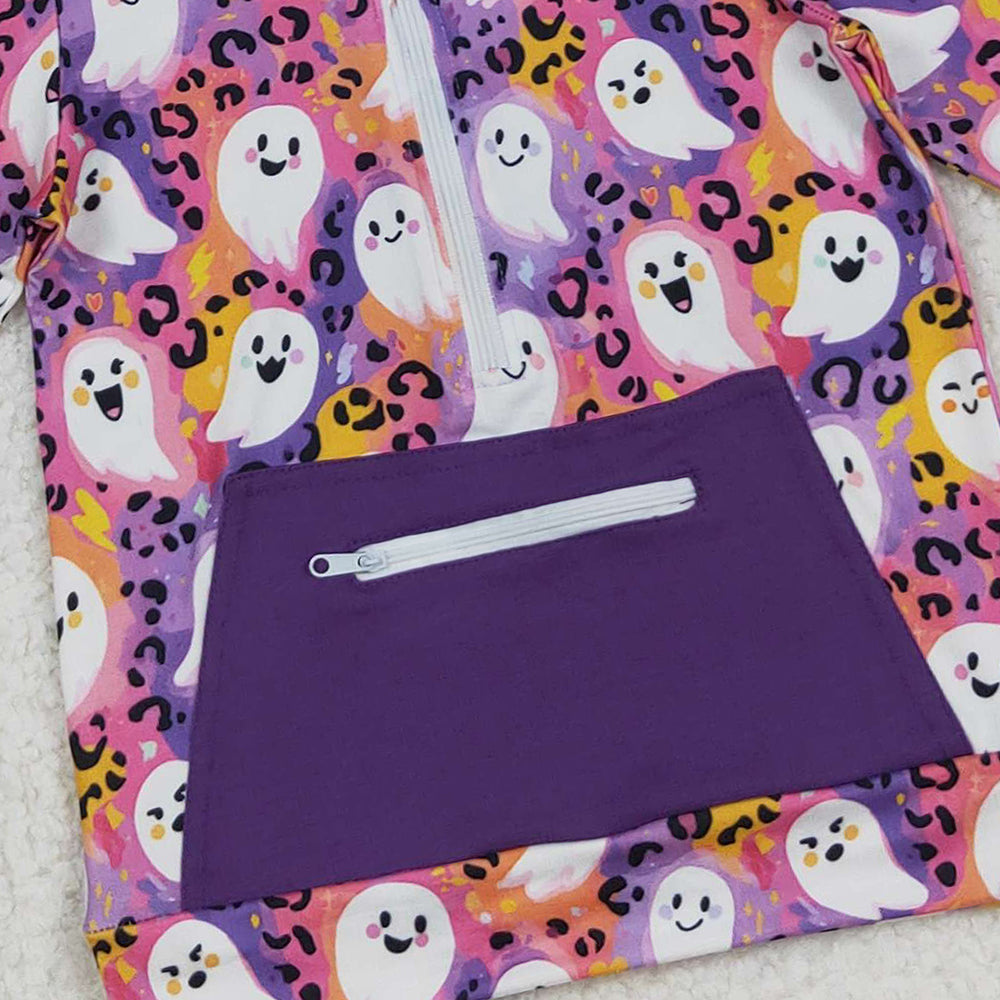 RTS NO MOQ （In stock）GT1155 Baby Girls Long Sleeve Tops Leopard Ghost Halloween Zipper Hoodie - Pocket Detail Top for Halloween