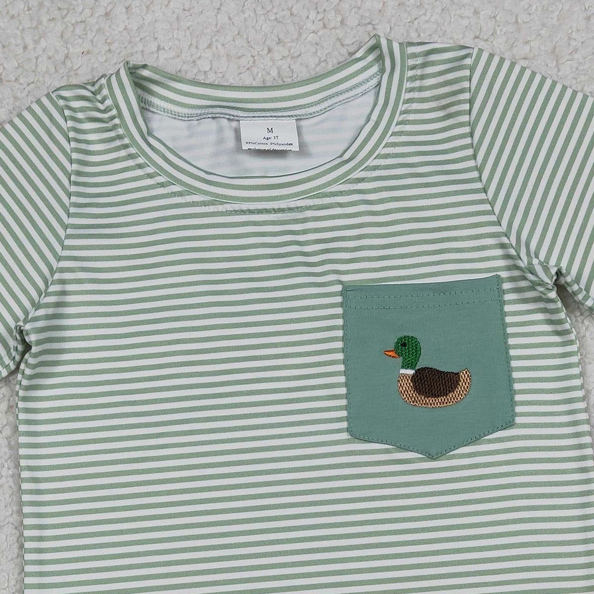 12.25 RTS NO MOQ （In stock）BT1557 Embroidery Duck Baby Boys Green Stripe Pocket Hunting T-shirts Top