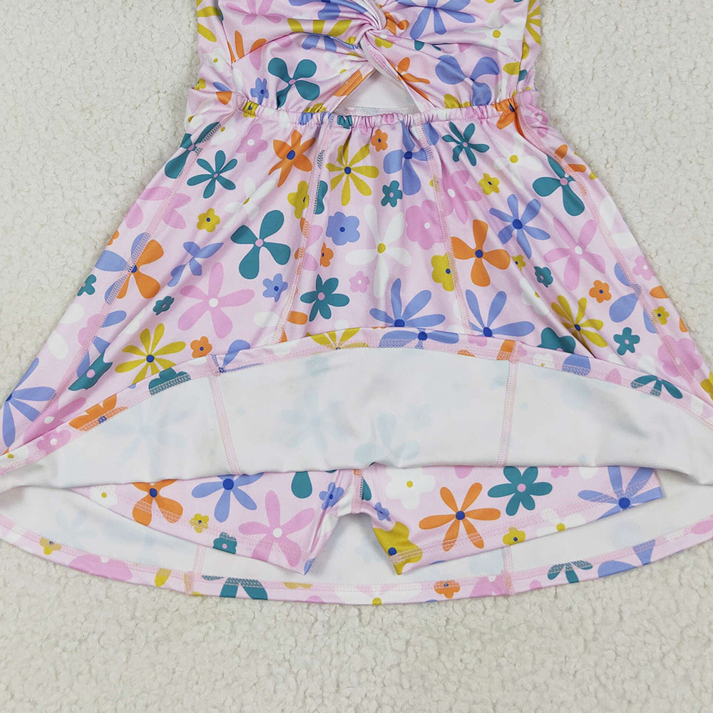 GSD2113 RTS NO MOQ Baby Girls Summer Yoga Dress Baby Girls Pink Colorful Flowers Yoga Active Wear Skort Knee Length Dresses