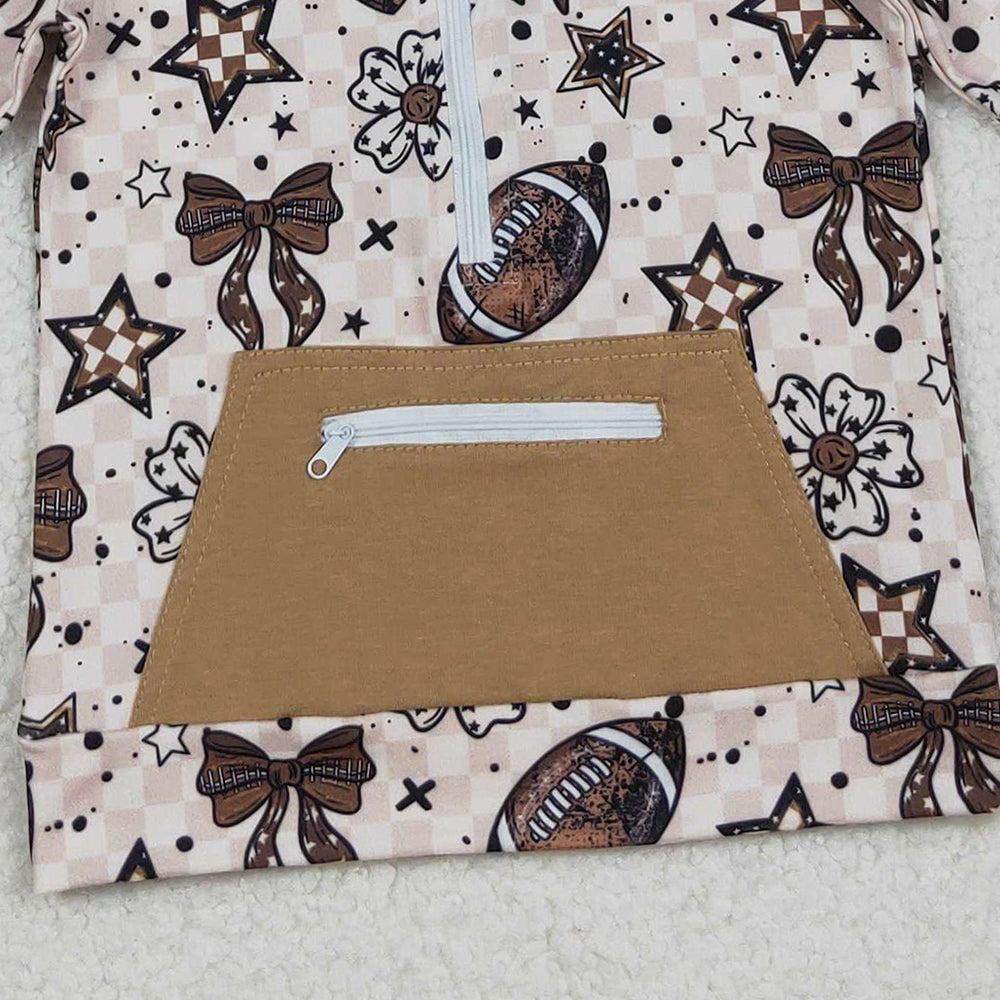9.27 RTS NO MOQ （In stock）GT1152 Baby Girls Long Sleeve Tops Baby Girls Football Flowers Checked Pocket Zipper Team Ruffle Hoodies Top
