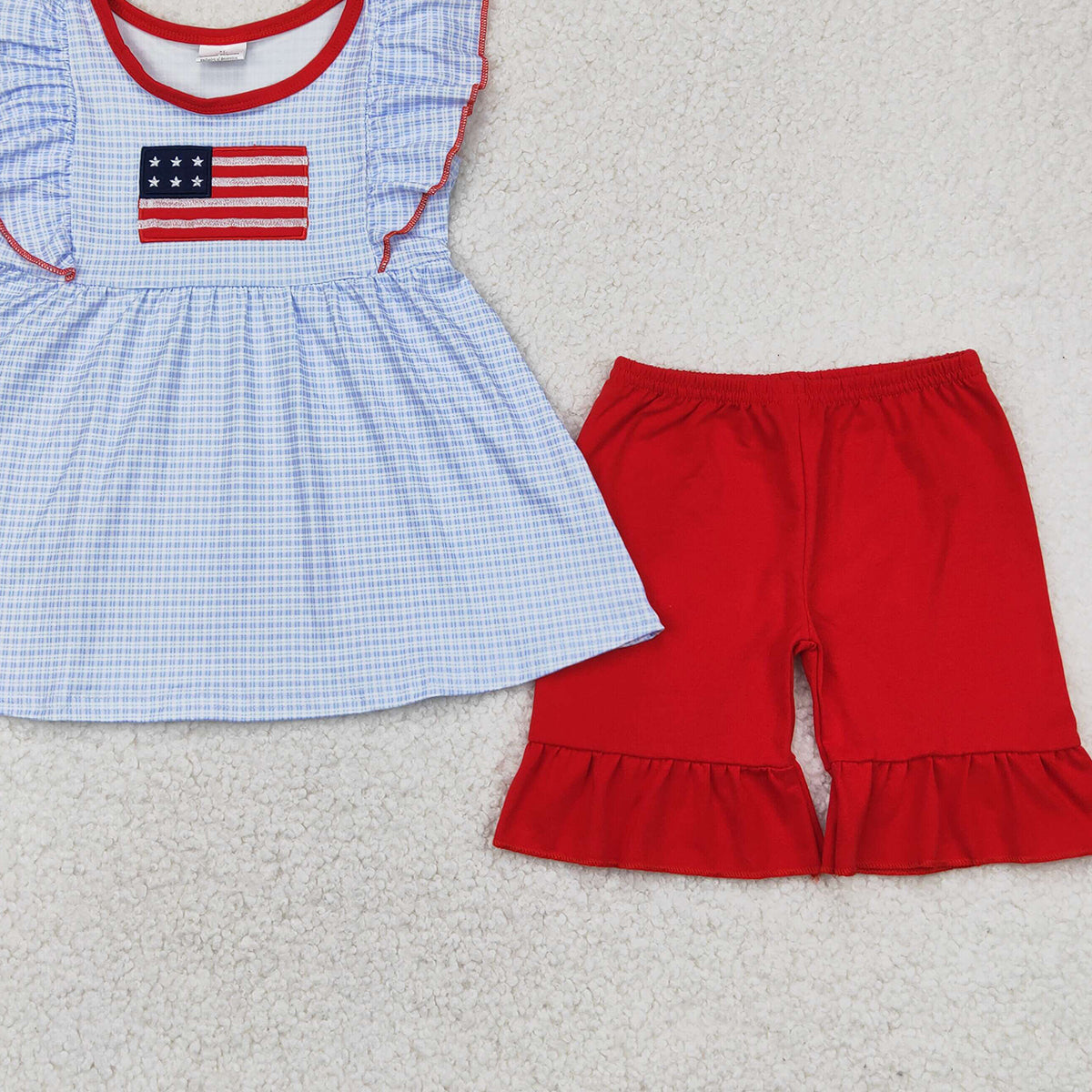 6.21 GSSO2238 RTS NO MOQ Baby Girls Summer Outfits Embroidery Baby Girls Blue Checkered Flag Tunic Top Ruffle Shorts Clothes Sets