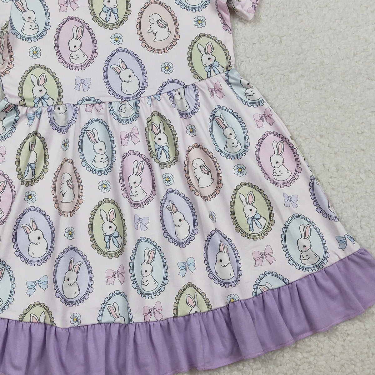 2.3 RTS NO MOQ （In stock）GSD2863 Baby Girls Bows Rabbits Easter Ruffle Knee Length Dresses