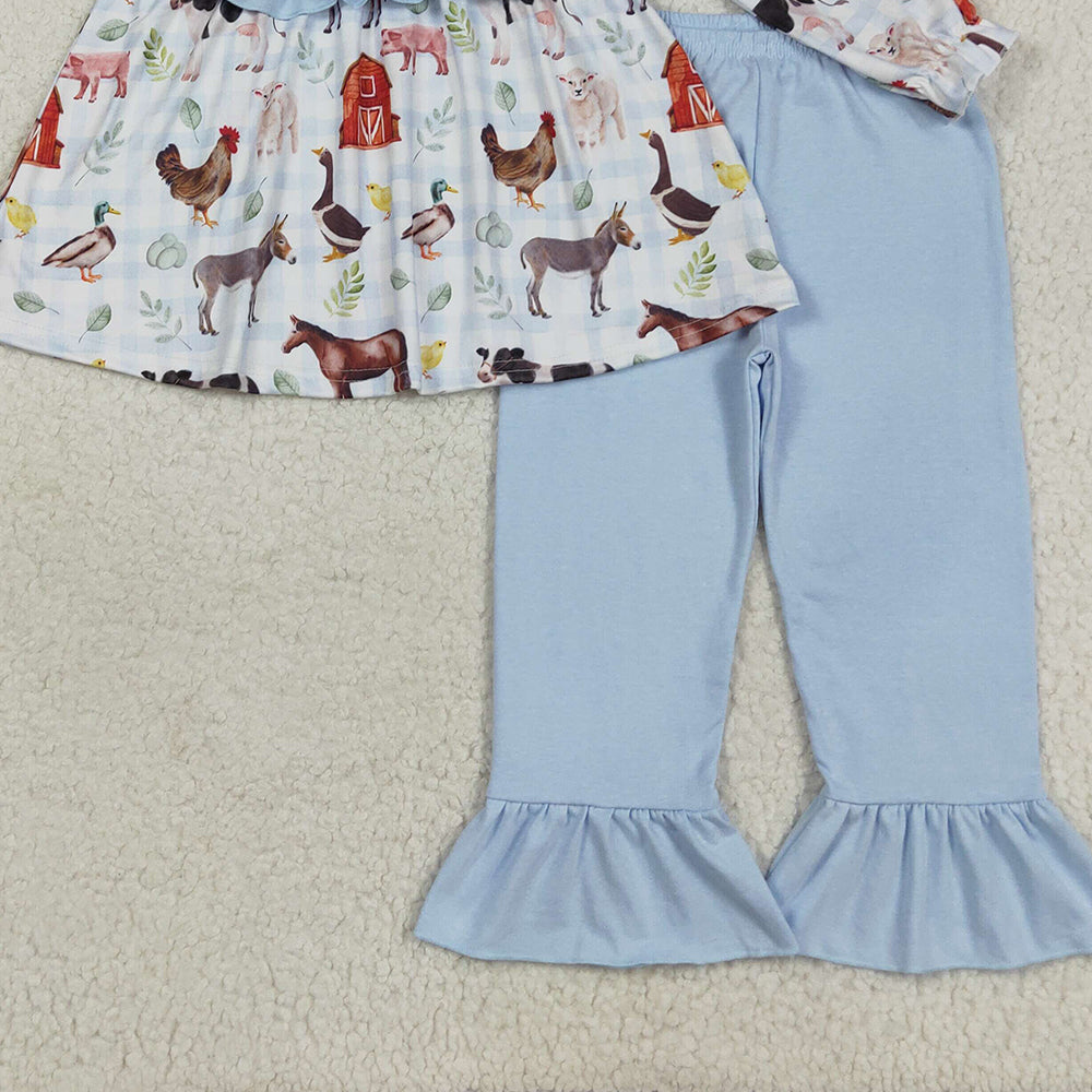RTS NO MOQ （In stock） GLP2536 Baby Girls Winter Outfits Baby Girls Long Ruffle Sleeves House Chicks Tunic Pant Farm Sets