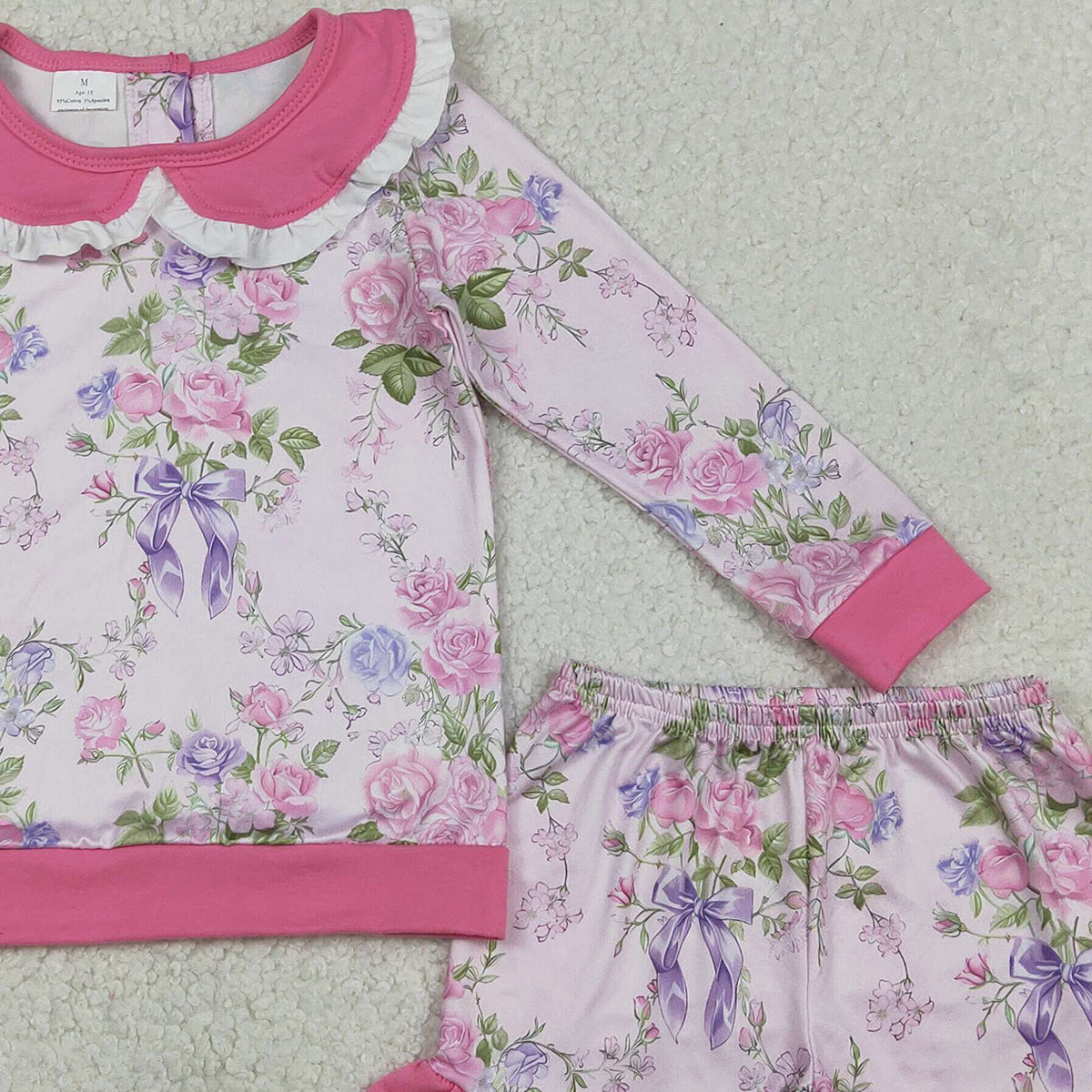 1.20 RTS NO MOQ （In stock）GLS0082 Baby Girls Pink Flowers Collar Top Ruffle Shorts Clothes Sets