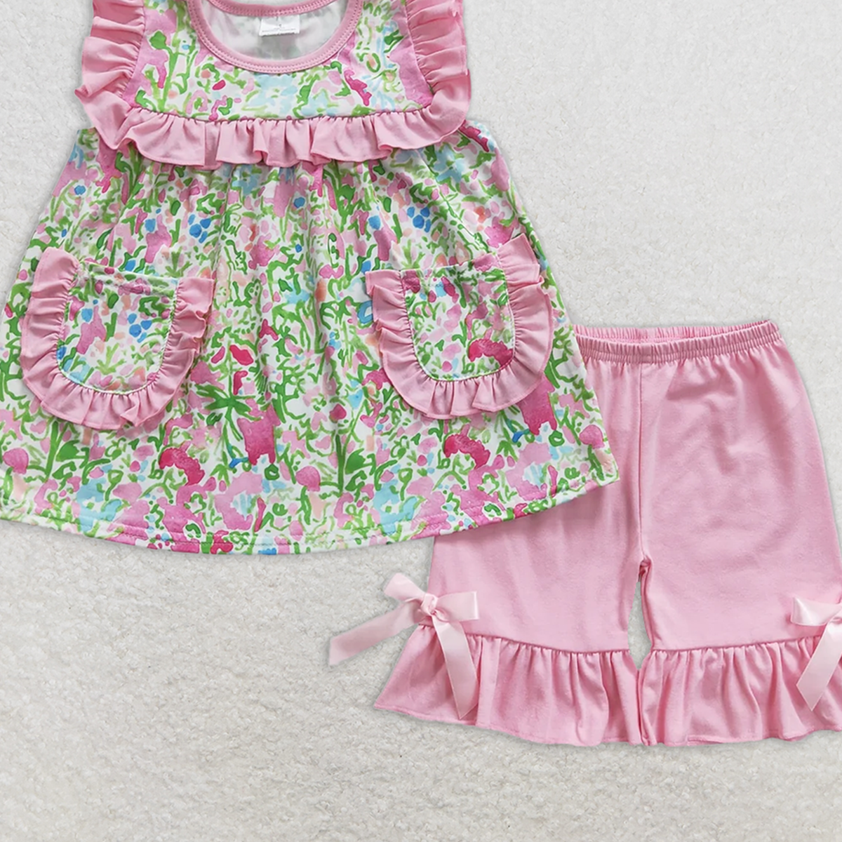 7.18   GSSO0338 RTS NO MOQ Baby Girls Summer Outfits Floral Pink Lace Pocket Sleeveless Shorts Set