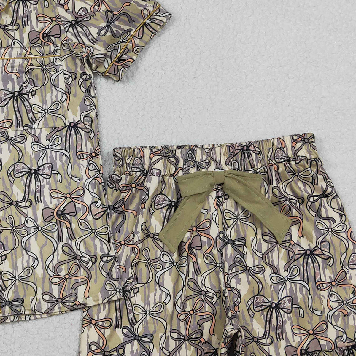2.7 RTS NO MOQ （In stock）GSSO3166 Adult Women Southern Olive Camo Bows Button Pocket Top Ruffle Shorts P