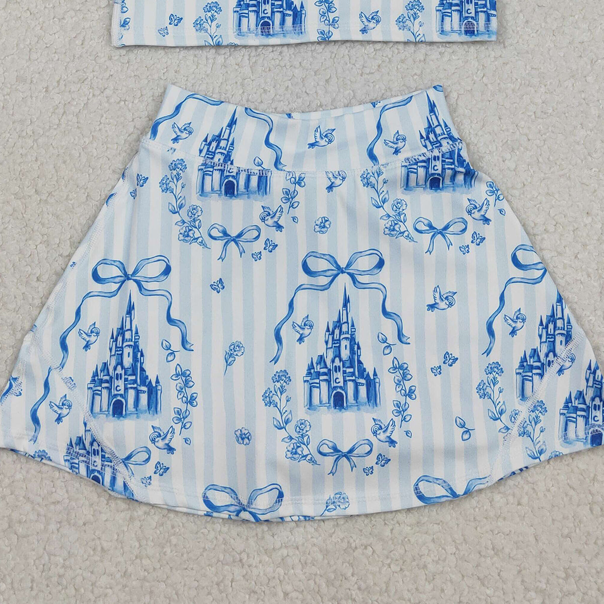 12.13 RTS NO MOQ （In stock）GSD3067 Baby Girls Blue Castles Bows Top Skirt Shorts Yoga Active Clothes Set