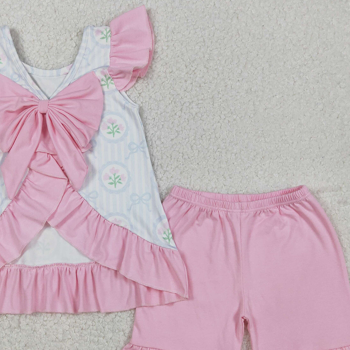 12.6 RTS NO MOQ （In stock）GSSO2732 Baby Girls Flowers Stripe Back Bows Tunic Ruffle Shorts Clothes Sets