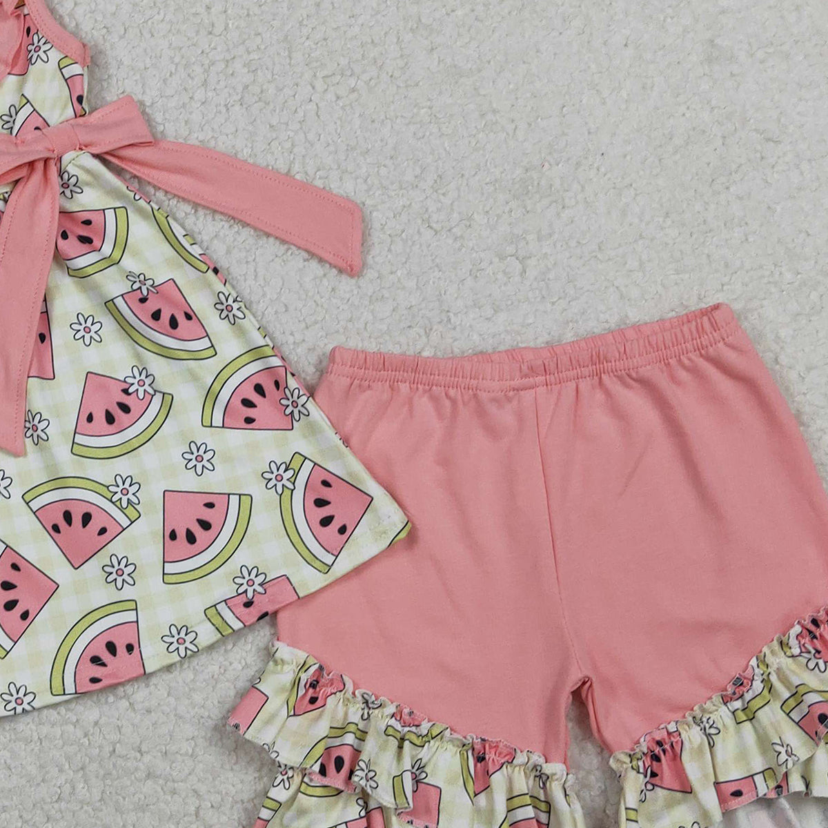 2.4 RTS NO MOQ （In stock）GSSO3118 Baby Girls Green Checked Flowers Watermelons Tunic Ruffle Shorts Clothes Sets