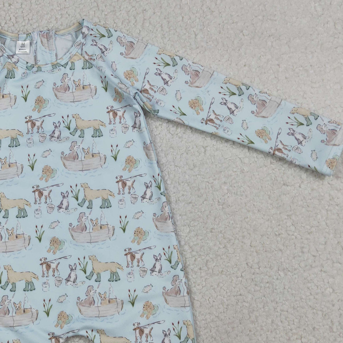 3.26 RTS NO MOQ （In stock）S0701 Children's Fashion Romper Baby Boys Long Sleeve Blue Dogs Fishing Back Zipper Hunting Swimsuits