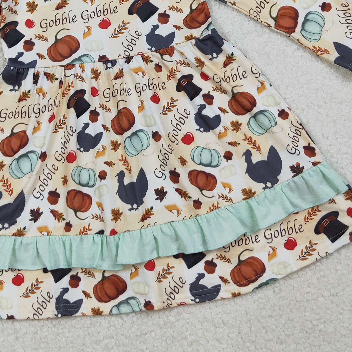 10.14 RTS NO MOQ （In stock）GLD0789 Baby Girls Winter Dress Baby Girls Thanksgiving Turkey Pumpkins Ruffle Knee Length Dresses