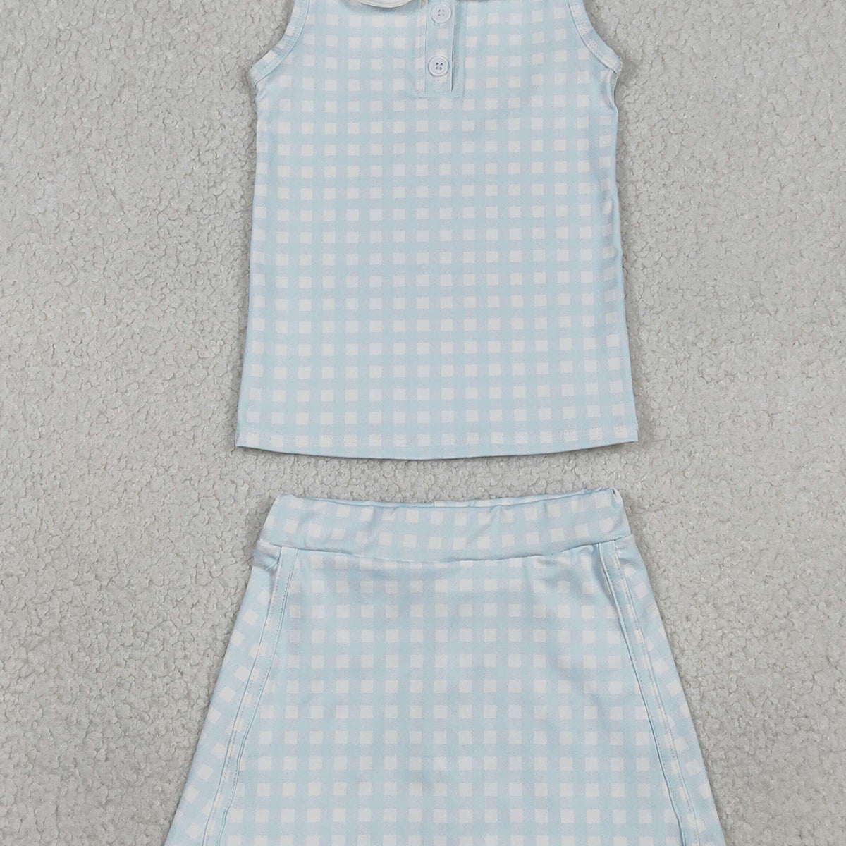 1.17 RTS NO MOQ （In stock）GSD3375 Baby Girls Light Blue Checked Button Collar Top Skirt Shorts Yoga Active Clothes Sets