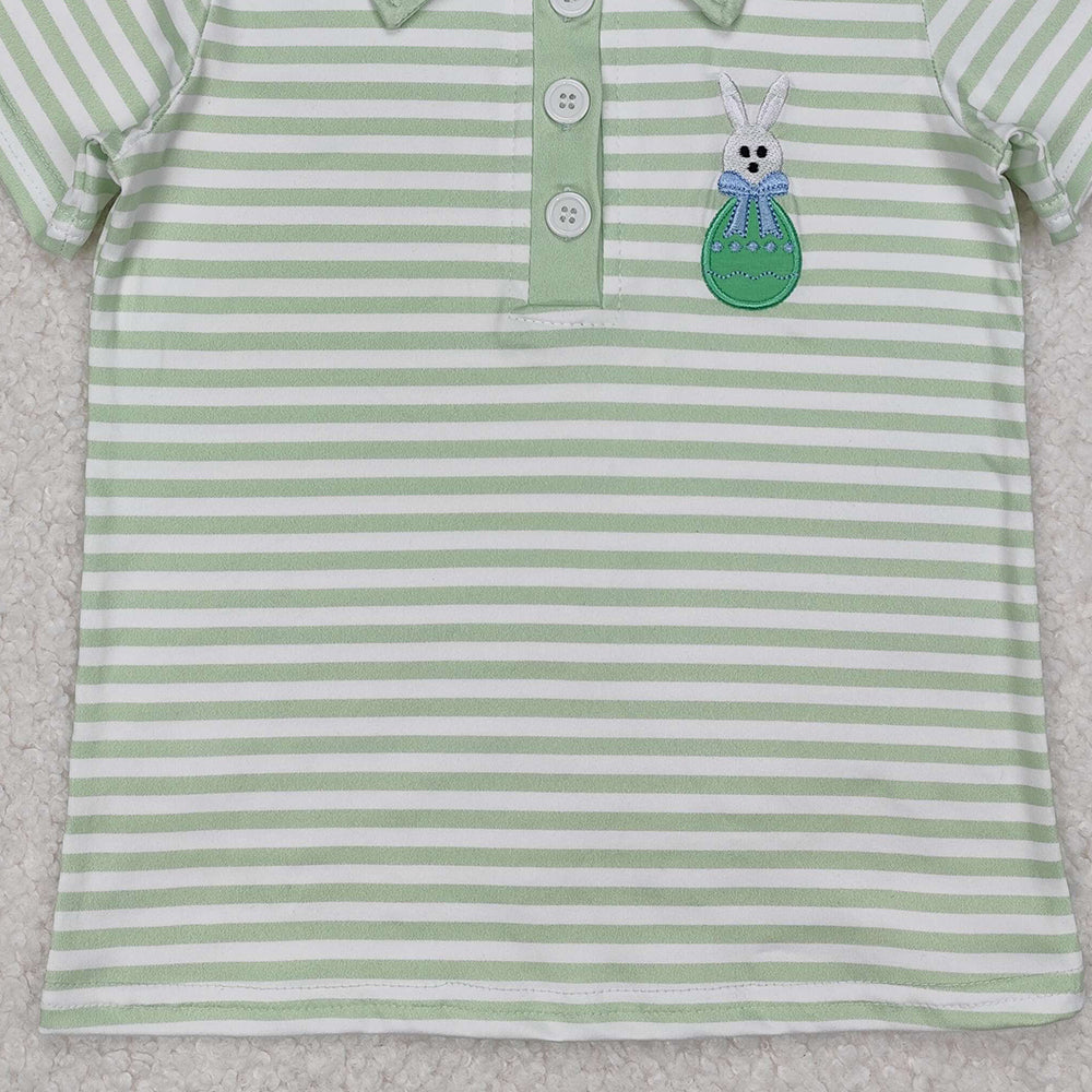 BT1046Kids Boys Easter Polo Shirt Short Sleeves Green Stripe Bunny Design Casual Fashionable Top for Children