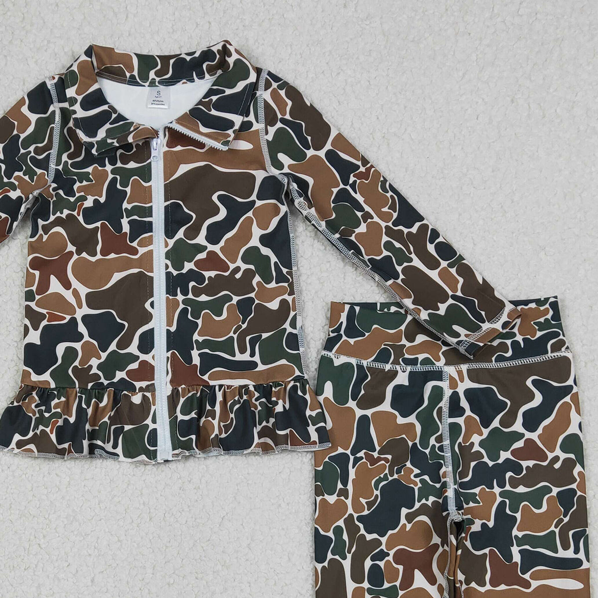 4.1 RTS NO MOQ （In stock）GLP2992 Long sleeves brown camo ruffle top leggings girls yoga set