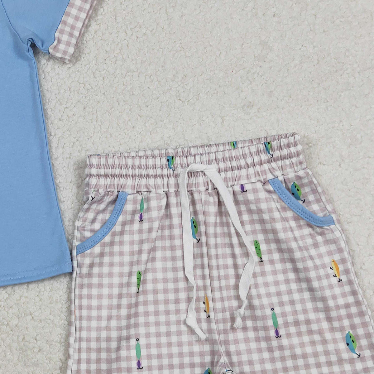 12.16 RTS NO MOQ （In stock）BSSO1617 Embroidery Fishing Baby Boys Top Checked Pockets Shorts Hunting Clothes Sets