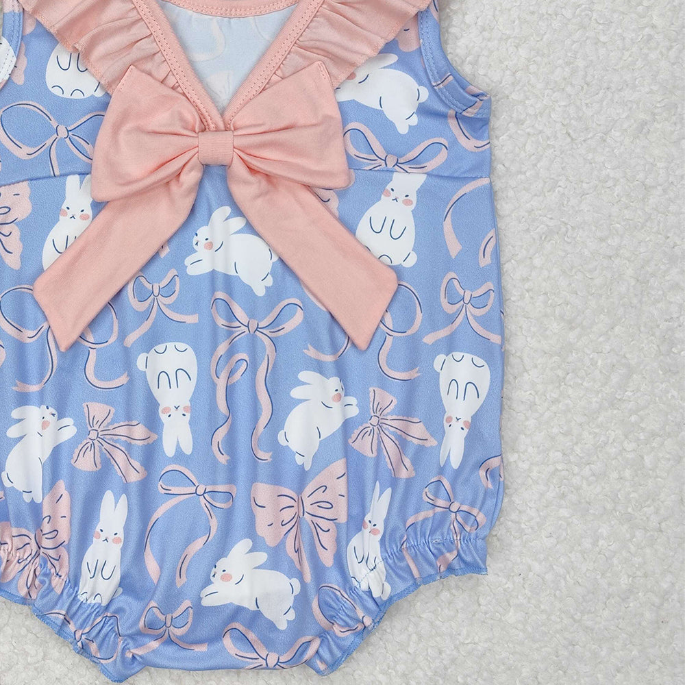 SR2583Baby Girls Sleeveless Ruffle Bunny Bow Romper Easter Outfit Spring Summer Casual Comfortable Clothes for Infants