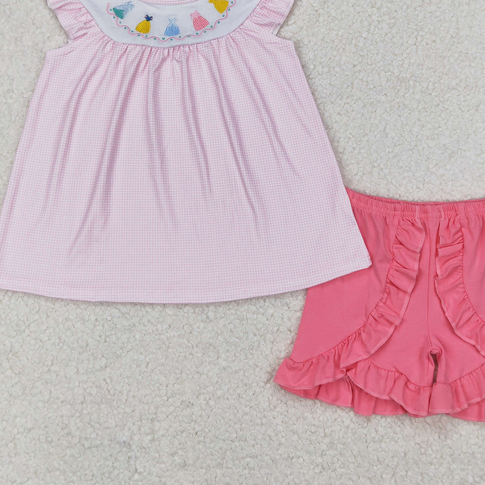 6.13   GSSO2125 RTS NO MOQ Baby Girls Summer Outfits Baby Girls Pink Flutter Sleeves Dresses Tunic Ruffle Shorts Set