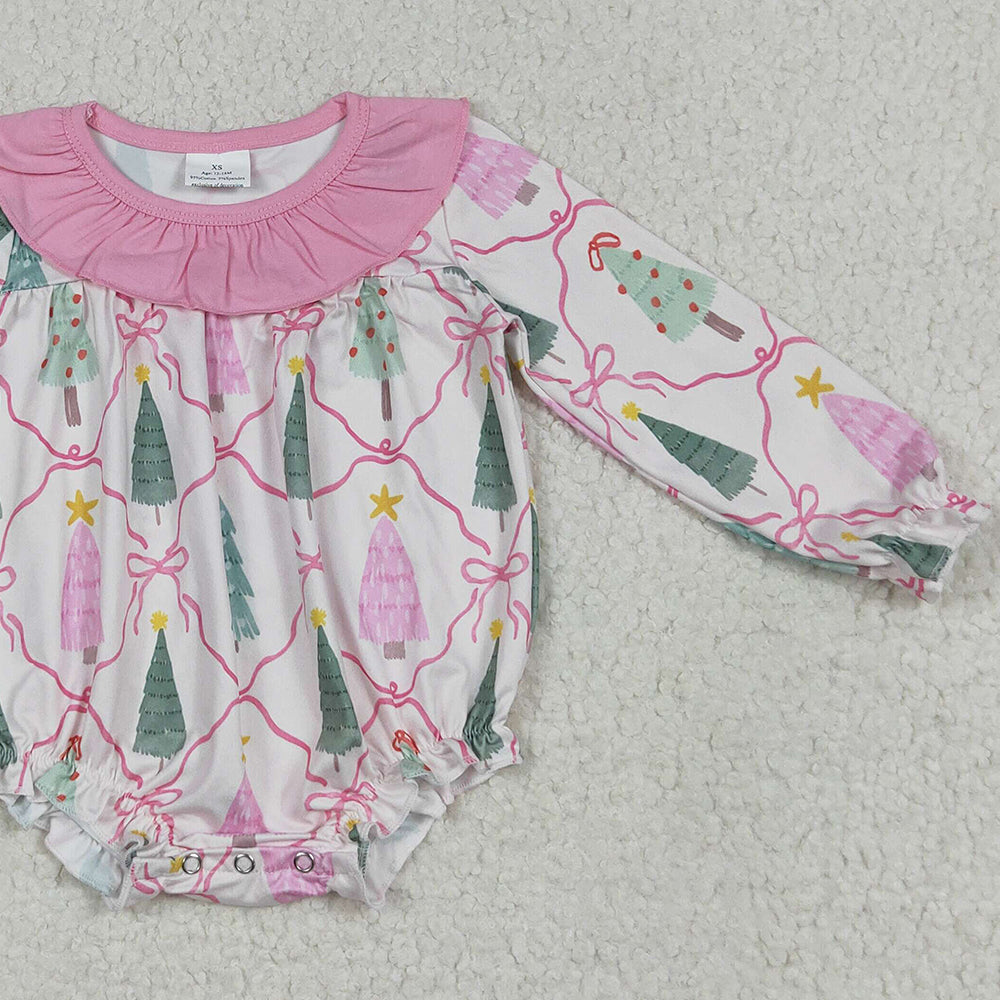LR2275 RTS NO MOQ Baby Girls Winter Rompers Baby Girls Long Sleeves Pink Bows Trees Plaid Ruffle Rompers