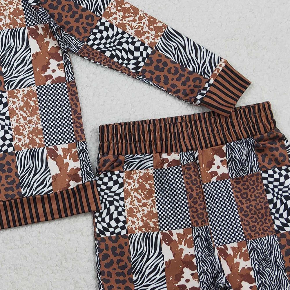 1.28 RTS NO MOQ （In stock）GLS0079 Baby Girls Leopard Cow Print Checked Top Shorts Western Clothes Sets