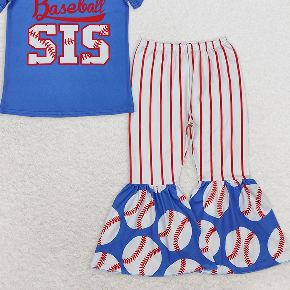 GSPO1994RTS NO MOQ Baby Girls Spring Outfits Blue Baseball Sister Top with Stripe Pants - Kids Girls Clothing Set
