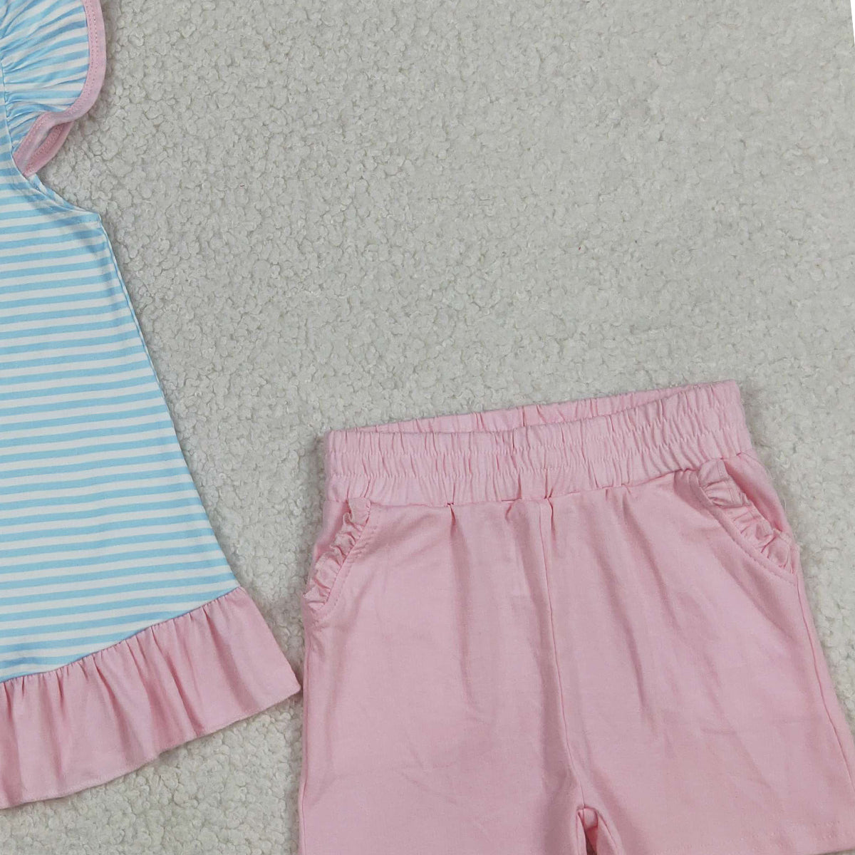 4.7 GSSO3109 RTS NO MOQ （In stock ）Embroidery Beach Baby Girls Blue Stripe Tunic Pockets Shorts Clothes Sets