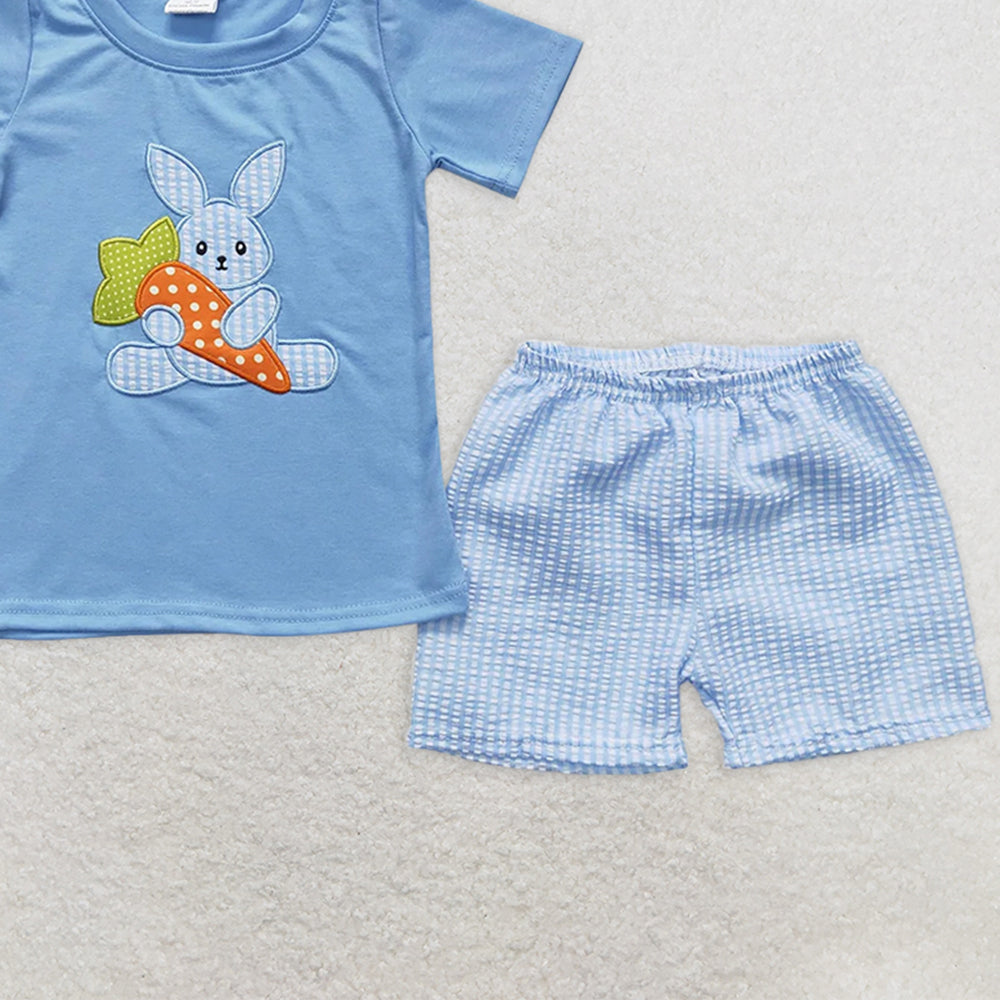 BSSO0087RTS NO MOQ Baby Boys Summer Boys Outfits  Embroidery  Baby Boys Easter rabbit shorts sets clothes sets