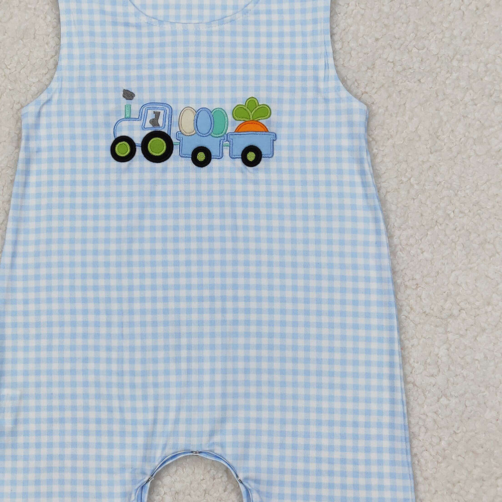 6.24  SR2402 RTS NO MOQ Sleeveless plaid eggs tractor baby boy Easter romper