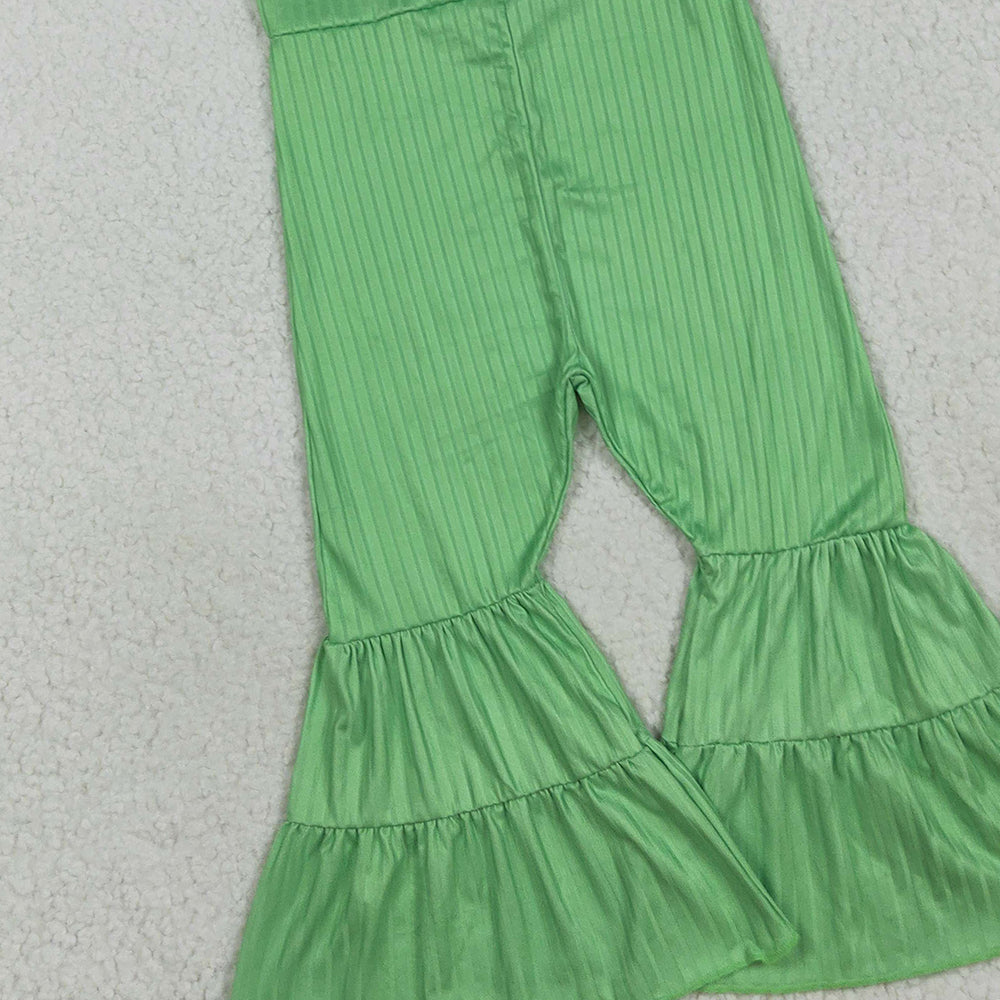 RTS NO MOQ （In stock）SR3160 Baby Girls Summer Jumpsuits Baby Girls Green Strap Bell Bottom Ribbed Jumpsuits