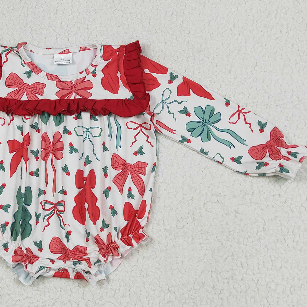 8.14 LR2209RTS NO MOQ Baby Girls Winter Rompers Baby Girls Long Sleeves Red Green Bows Ruffle Rompers