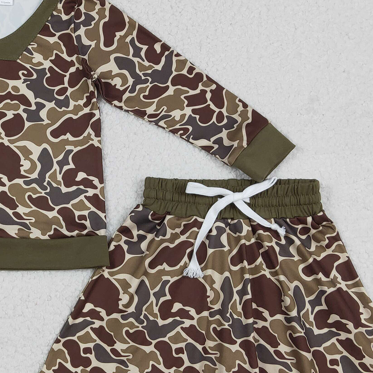 12.23 RTS NO MOQ （In stock）GLD1479 Baby Girls Brown Camo Long Sleeve Skirts Shorts Hunting Clothes Sets