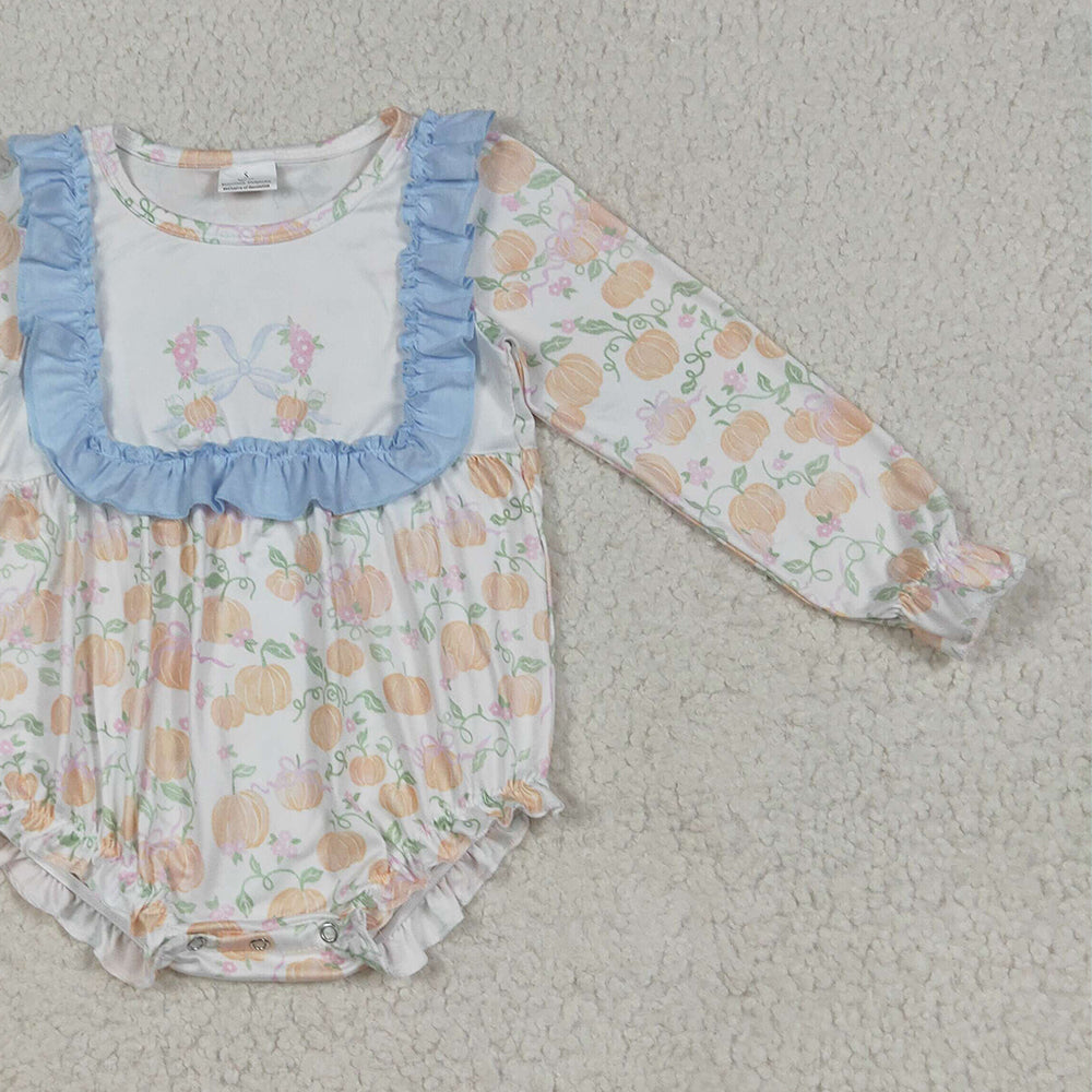 RTS NO MOQ （In stock） LR2256 Baby Girls Winter Rompers Baby Girls Long Sleeves Pumpkins Bows Plaid Ruffle Rompers