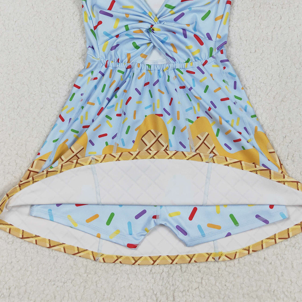 7.14 GSD2415RTS NO MOQ Baby Girls Summer Yoga Dress Baby Girls Blue Ice-cream Drip Yoga Skort Knee Length Dresses
