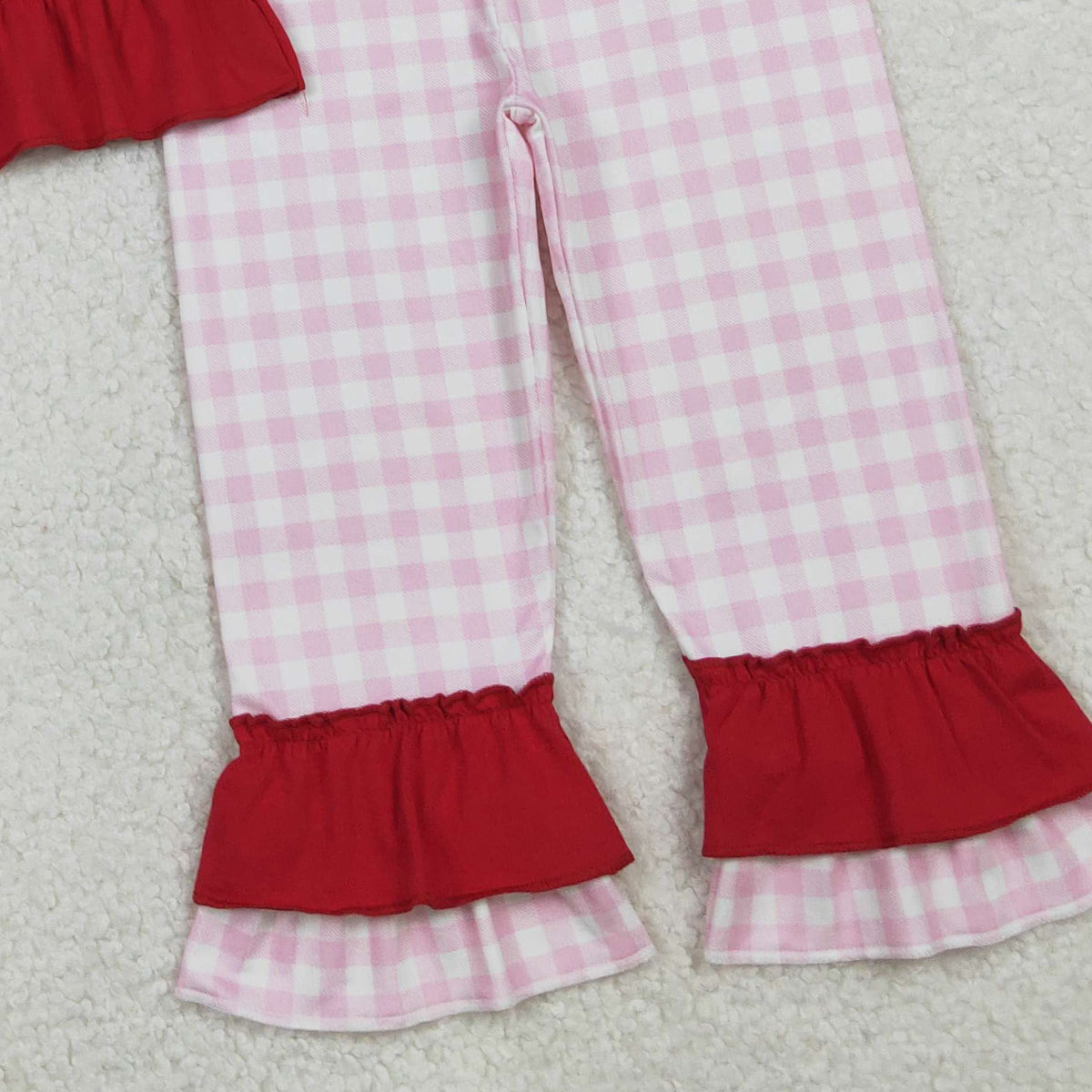 10.27 RTS NO MOQ （In stock）GSPO2071 Embroidery I Love Mom Baby Girls Shirts Checked Ruffle Pants Clothes Sets